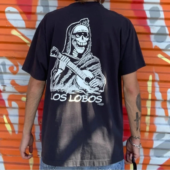 Vintage 90s Los Lobos Crew Band Tour Single Stitch Tee Black Size Large - Picture 7 of 7